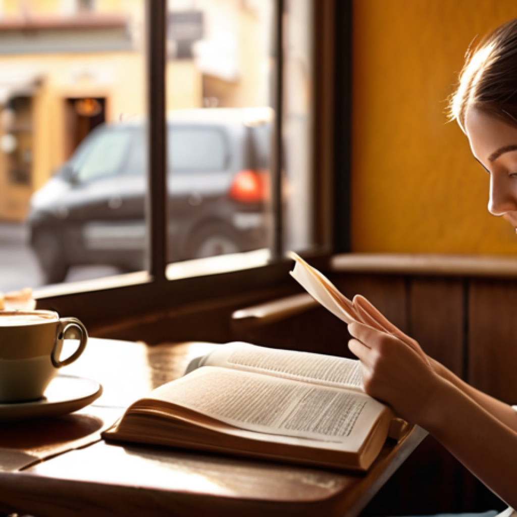 **A person reading a paper book in a quiet cafe. Focus on the serene atmosphere and the reader's engagement with the book. Emphasize the texture of the paper and the warm light.**