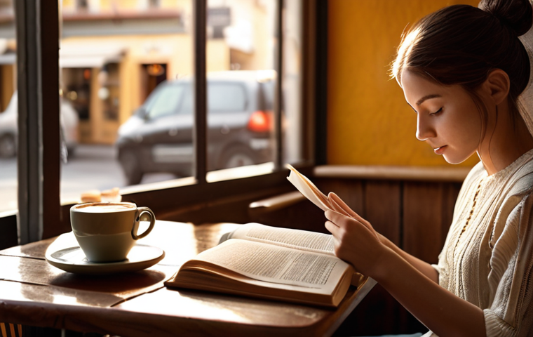 **A person reading a paper book in a quiet cafe. Focus on the serene atmosphere and the reader's engagement with the book. Emphasize the texture of the paper and the warm light.**