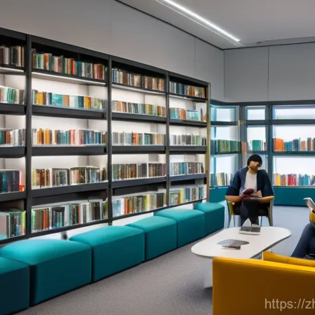 도서관 활용 꿀팁 - A brightly lit, modern library interior designed with large windows and comfortable, ergonomic seati...