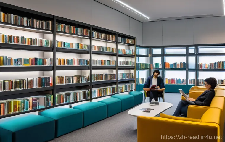 도서관 활용 꿀팁 - A brightly lit, modern library interior designed with large windows and comfortable, ergonomic seati...