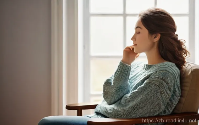 심리학 도서 추천 - **Prompt:** A young woman, in her early 20s, sitting peacefully on a comfortable armchair by a sunli...