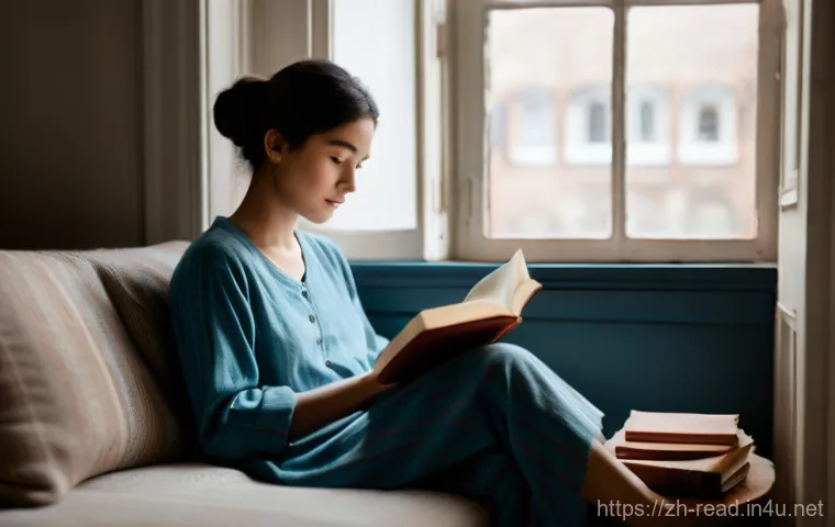 작가 인터뷰 및 독서 후기 - **Prompt:** A cozy, intimate portrait of a person (gender-neutral, adult) in comfortable, modest lou...