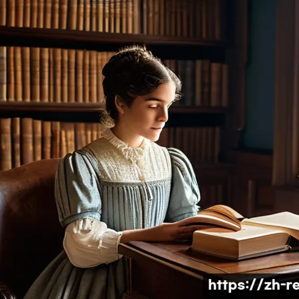 고전문학 추천 도서 - **Prompt:** A young woman, in her early twenties, is seated comfortably in a sunlit, antique-filled ...