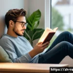 독서력 향상을 위한 훈련 - A modern, cozy reading nook bathed in warm natural light with soft cushions and a gentle desk lamp c...