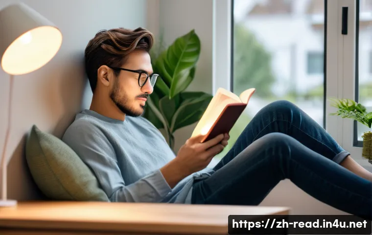 독서력 향상을 위한 훈련 - A modern, cozy reading nook bathed in warm natural light with soft cushions and a gentle desk lamp c...