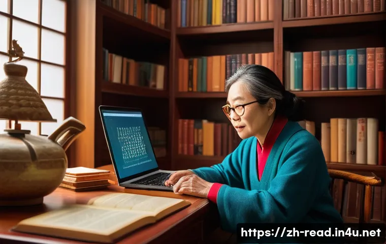 책 읽는 유튜브 채널 추천 - A cozy, warmly lit modern home library scene featuring a middle-aged Asian woman thoughtfully analyz...