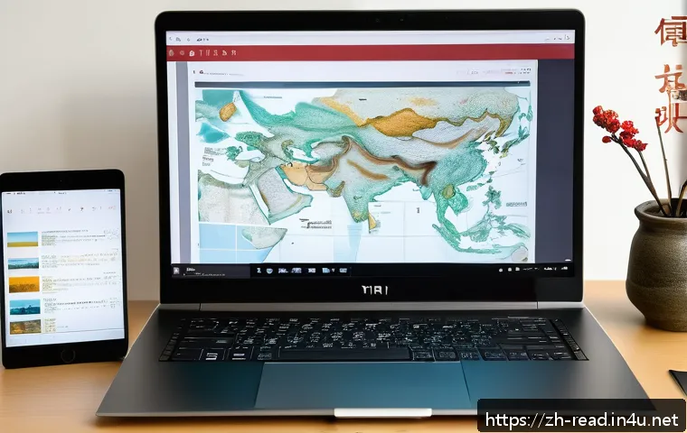 역사책 추천 및 정리 - A modern digital historian’s workspace featuring a sleek laptop screen displaying a detailed interac...