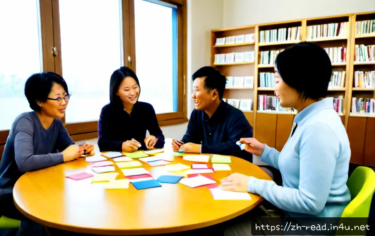 북클럽 운영 방법 - Photorealistic community book club planning meeting in a bright modern library, diverse adult member...