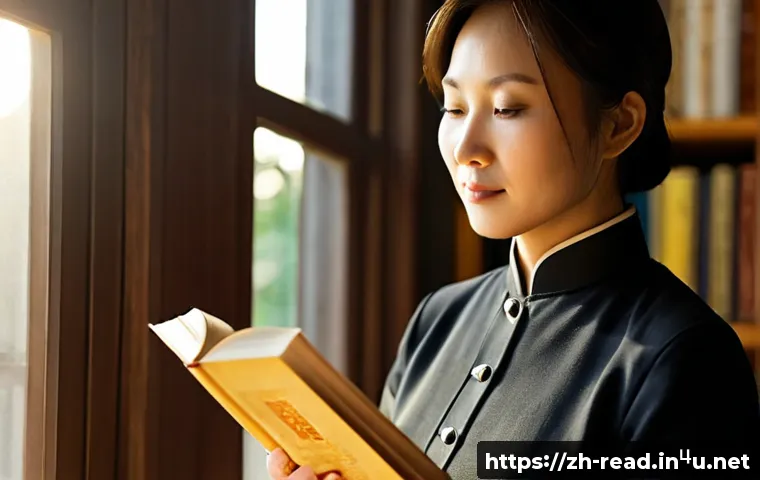 독서가 중요한 이유 - Photorealistic warm home library scene, a Chinese middle-aged woman comfortably reading an open book...